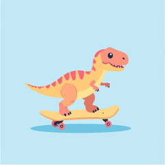 Obraz premium Adorable cartoon dinosaur riding a skateboard on a light blue background, perfect for children's illustrations or fun, playful designs.