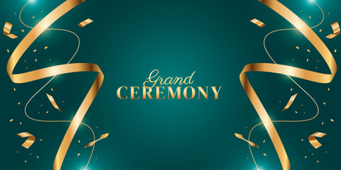 Elegant dark green grand ceremony background with ribbon. Modern promotional media design.