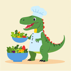Obraz premium An adorable green dinosaur chef wearing a toque and apron, joyfully holding two bowls of fresh, colorful salad, perfect for healthy eating, children's books, and culinary projects.