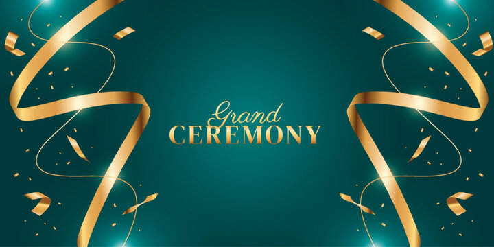 Elegant dark green grand ceremony background with ribbon. Modern promotional media design.