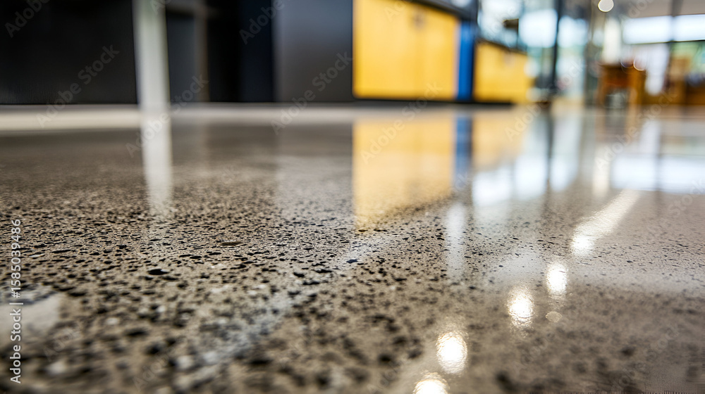 Aufkleber smooth concrete flooring reveals intricate aggregate patterns and soft indoor reflections.