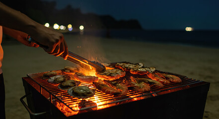 Varies seafood barbecue on the beach at night