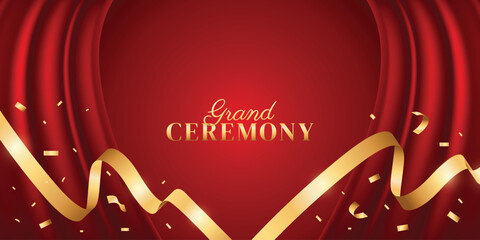Red grand ceremony background with ribbon and curtain. Modern elegant promotional media design.
