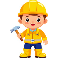 Fototapeta premium Cheerful cartoon builder boy in a yellow hard hat, vest and boots holding a hammer and smiling, perfect for illustrating children's construction concepts.