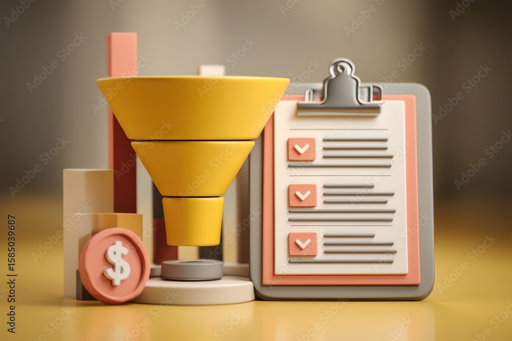 Poster engaging visual representation of business marketing funnel conveying metrics and analytics with che