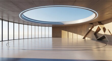 Fototapeta premium Modern interior space with large circular skylight and empty floor