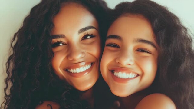 Two women, possibly a mother and daughter, sharing a warm embrace. They both radiate joy, with bright smiles on their faces. The  captures a candid moment of love and connection.
