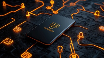 Modern black smartphone displaying a glowing data icon resting on a textured dark surface with illuminated orange network lines