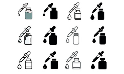 Dropper and medicine bottle icon set in flat style for healthcare and laboratory concept

