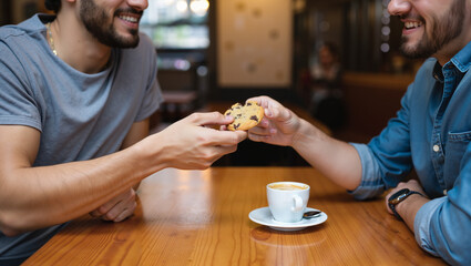 Two people sharing food at cafe table with coffee