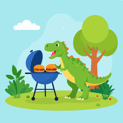Naklejka premium A cheerful cartoon dinosaur grilling burgers on a bright day, creating a whimsical and fun outdoor barbecue scene suitable for children's illustrations.