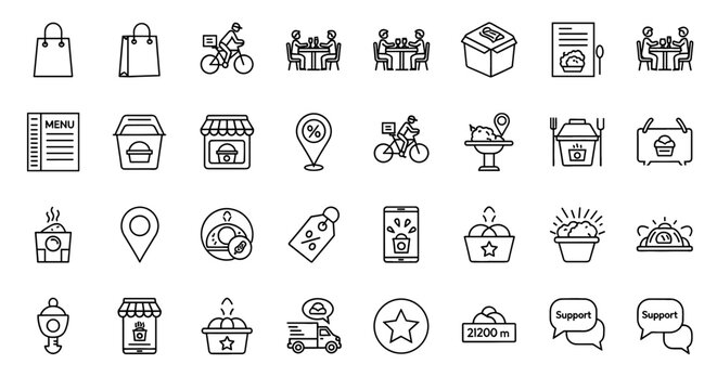 Food Delivery Vector Icon Set | Shopping bag, bicycle, dining, takeaway, menu, location pin, discount, mobile, van, review, support icons