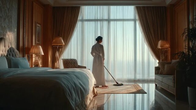 Elegant woman in nightdress cleaning large window in luxurious hotel bedroom with soft warm lighting and classic decor