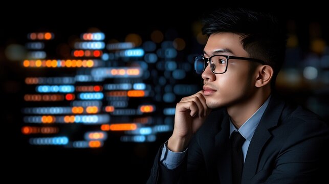 Young Asian businessman wearing glasses looking thoughtfully at a blurred cityscape of glowing lights at night