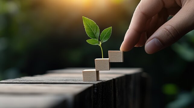 Human hand adds wooden step to stacked blocks with green plant growing on textured wooden surface under warm natural light