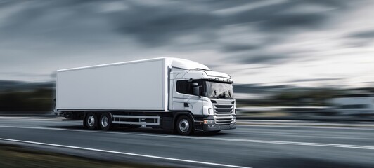 Naklejka premium The truck speeding along a highway against a dramatic sky background.