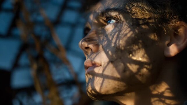 Young man with a shadow on his face is looking out into the distance. human silhouette with oil rig shadows reflected across face, gritty lighting, emerging oil markets