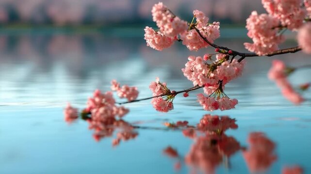 A branch of a cherry tree is reflected perfectly in calm water, creating a serene and peaceful scene