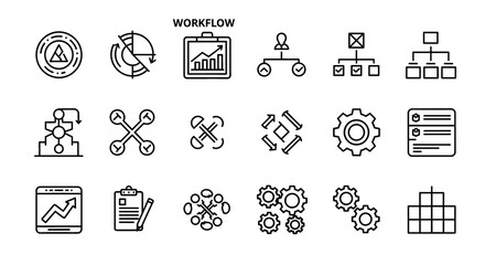 Workflow Vector Icon Set | Diagram, chart, analysis, process, organization, management, planning, data, connection, system icons