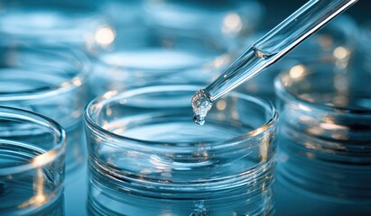 A glass pipette dispenses a clear liquid into a shallow, round glass petri dish; several similar dishes surround it, reflecting light on a cool-toned surface