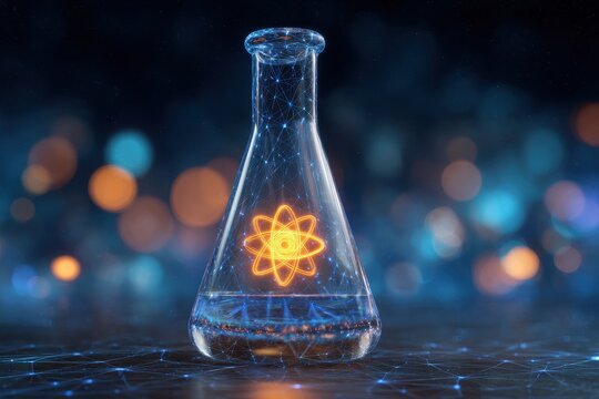 Glowing atomic structure inside a transparent flask with a digital network overlay and bokeh lights