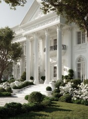 A grand, neoclassical mansion's entrance, featuring a stately staircase,  white columns, and manicured landscaping, bathed in sunlight