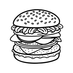 Giant Double Cheeseburger Outline Drawing for Fast Food Menu or Coloring Book