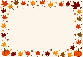 Autumn-themed frame with colorful leaves and pumpkins on beige background  