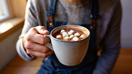 Cup of hot chocolate with marshmallows close-up