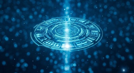 Glowing blue circular hud interface with intricate patterns and a bokeh background creating a tech vibe