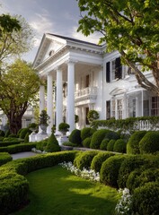 A grand, white neoclassical mansion with a columned portico, manicured hedges, topiary, and flowering plants, bathed in soft sunlight