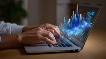 Hands typing on laptop with 3D chart hologram above keyboard