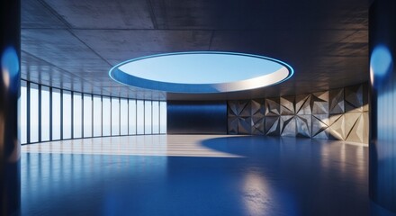 Modern interior space with circular skylight and large windows
