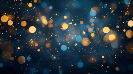 Vibrant golden and azure light circles illuminate a deep blue abstract background with sparkle.