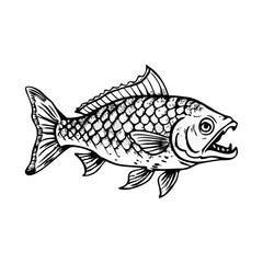Vintage Engraving Drawing of Angry Fish with Open Mouth and Scales