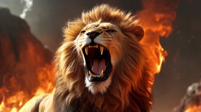 A majestic lion roaring fiercely as flames rise behind it in a stylized epic background, perfect for lion day