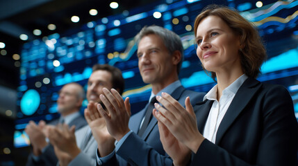 Obraz premium Business Team Celebrating KPI Achievement on Large Screen