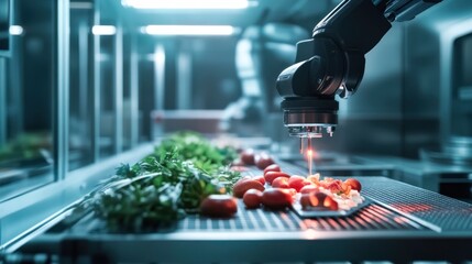 Automated food processing line with robotic arm handling tomatoes and greens