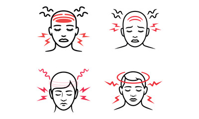 Headache and migraine icon set showing facial pain with red marks and stress symptoms
