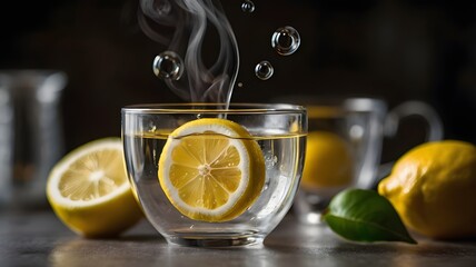 Macro shot of a transparent glass teacup with a fresh lemon slice slowly swirling inside, captured mid-movement, soft lighting,Generative Ai
