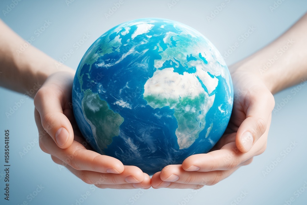 Poster human hands gently holding a realistic earth globe with visible continents, symbolizing care and uni