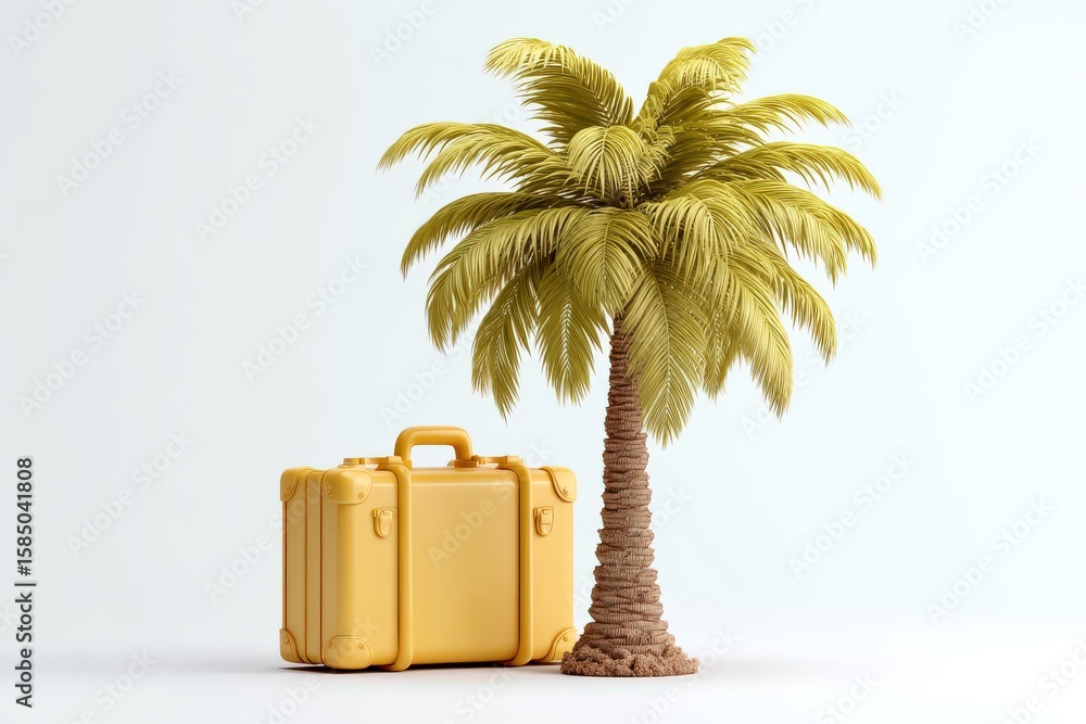 Poster a whimsical representation of a yellow suitcase beside a palm tree symbolizing travel adventures and