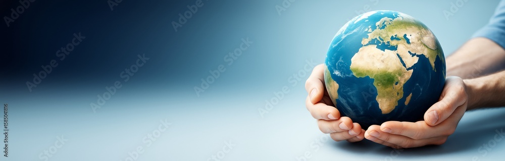 Poster hands gently holding a globe on a gradient blue background with copy space for concept of global car