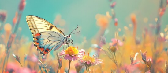 Butterfly on flower meadow, soft pastel colors