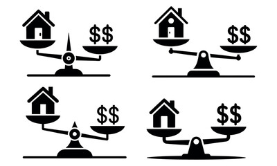 Real estate icon set with balance scales showing house and money value comparison
