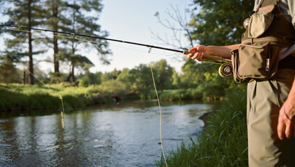 Person fishing by calm river in natural setting