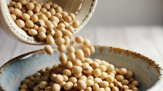 A macro slow-motion video of raw, dry soybeans being poured into a rustic ceramic bowl; concept for healthy vegan food and plant-based protein