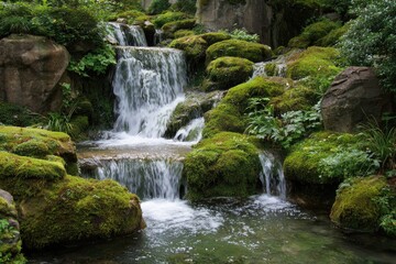 Cascading waterfall in a lush, moss-covered rock garden, tranquil water flowing over tiered stones