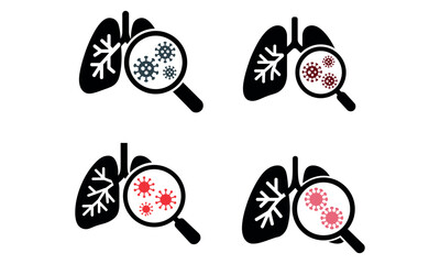 Lung infection icon set with magnifying glass and virus symbols for respiratory disease
