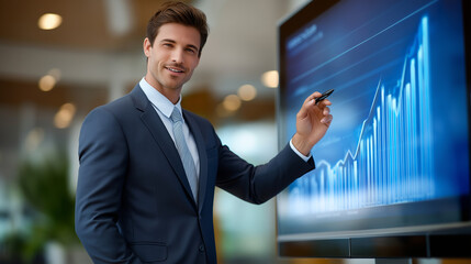 Analyst using stylus on interactive display to highlight growth chart